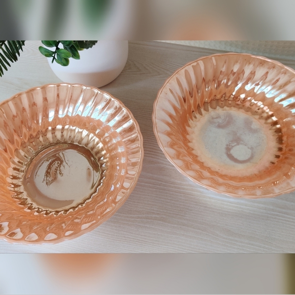 Vintage Set of 2 Fire King Iridescent Peach Bowls